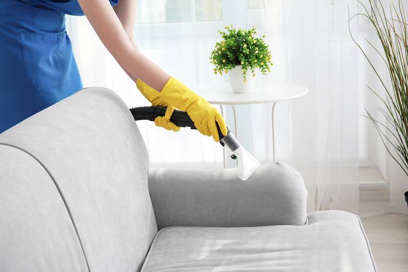 Mighty Clean professional with yellow gloves cleaning light gray sofa